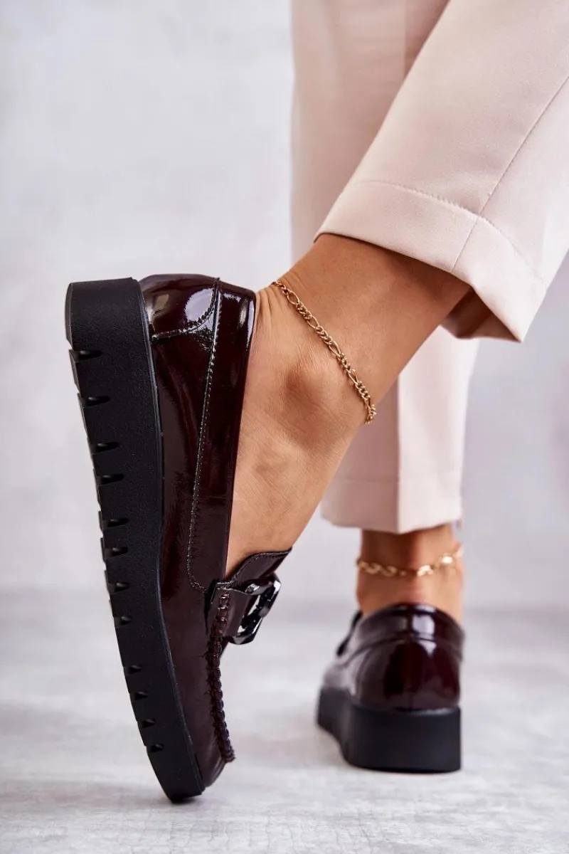 Półbuty Lakierowane|Mokasyny Damskie Lakierowane>Buty Sergio Leone Lakierowane Półbuty Loafery Na Platformie Bordowe Kjersti