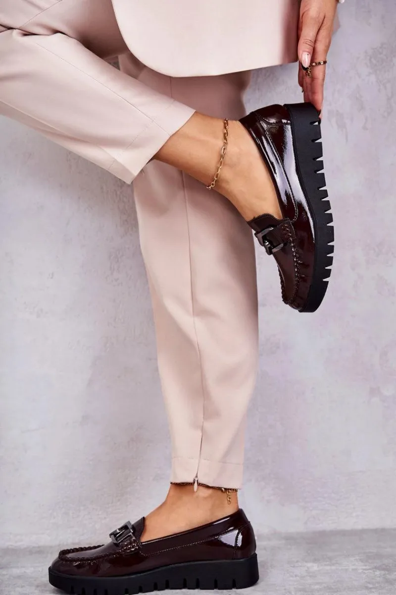 Półbuty Lakierowane|Mokasyny Damskie Lakierowane>Buty Sergio Leone Lakierowane Półbuty Loafery Na Platformie Bordowe Kjersti