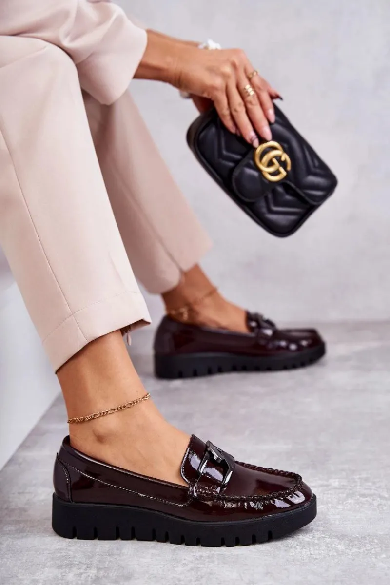 Półbuty Lakierowane|Mokasyny Damskie Lakierowane>Buty Sergio Leone Lakierowane Półbuty Loafery Na Platformie Bordowe Kjersti