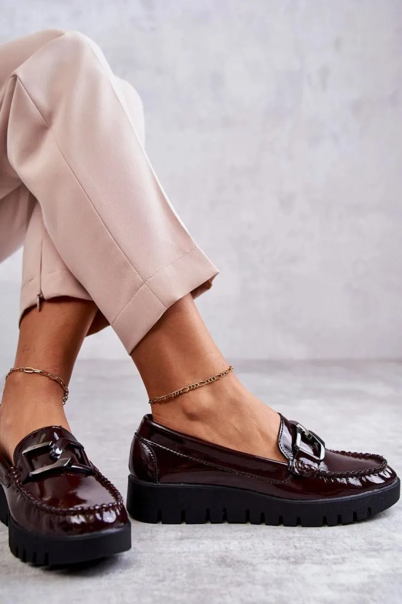 Półbuty Lakierowane|Mokasyny Damskie Lakierowane>Buty Sergio Leone Lakierowane Półbuty Loafery Na Platformie Bordowe Kjersti