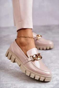 Best Buty Sergio Leone Lakierowane Półbuty Loafery Na Platformie Beżowe Inger