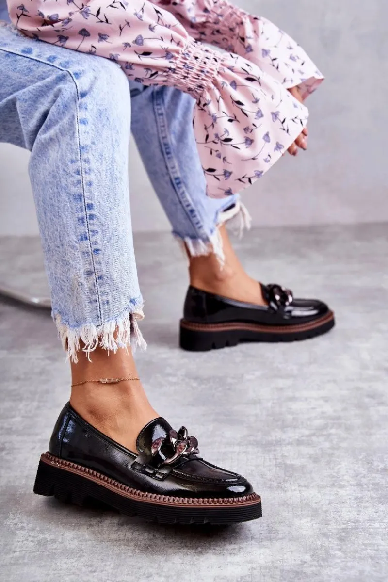 New Lakierowane Półbuty Loafery Na Platformie Czarne Reidun Damskie Półbuty Lakierowane|Mokasyny Damskie Lakierowane