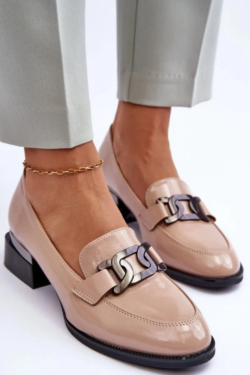 Best Buty damskie Vinceza Lakierowane Półbuty Mokasyny Na Obcasie Beżowe Sakina