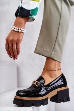 Półbuty Lakierowane|Półbuty Skórzane>Boto Lakierowane Półbuty Na Obcasie Ze Złotą Ozdobą Czarne Lurdes