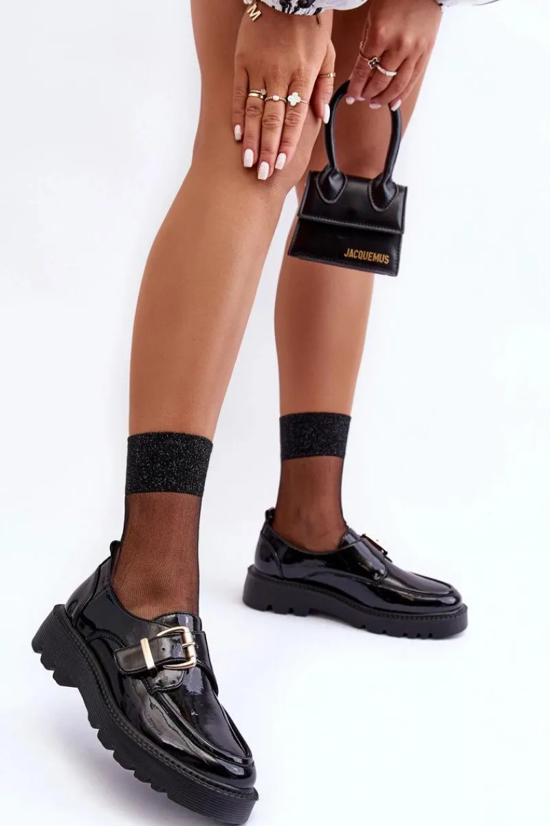 Półbuty Skórzane>Buty damskie Vinceza Lakierowane Półbuty Na Płaskim Obcasie Z Klamrą Czarne Meara