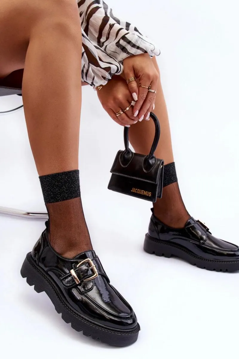 Półbuty Skórzane>Buty damskie Vinceza Lakierowane Półbuty Na Płaskim Obcasie Z Klamrą Czarne Meara