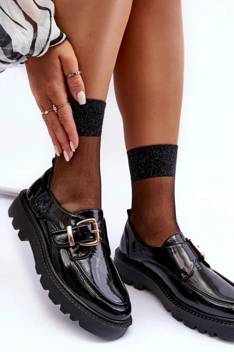 Półbuty Skórzane>Buty damskie Vinceza Lakierowane Półbuty Na Płaskim Obcasie Z Klamrą Czarne Meara