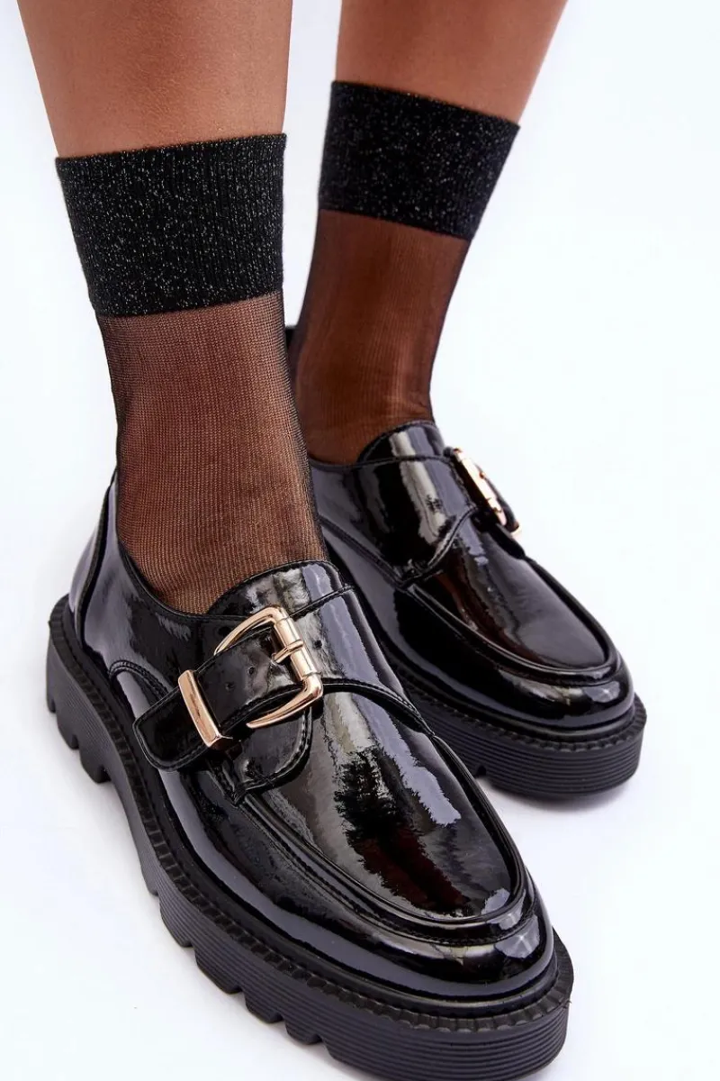 Półbuty Skórzane>Buty damskie Vinceza Lakierowane Półbuty Na Płaskim Obcasie Z Klamrą Czarne Meara