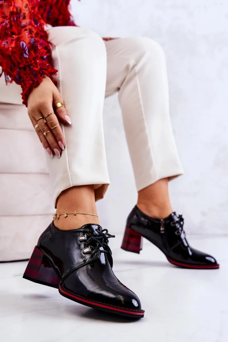 Sale Lakierowane Półbuty Na Suwak Czarno-Czerwone Laurosa Damskie Półbuty Lakierowane