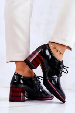 Sale Lakierowane Półbuty Na Suwak Czarno-Czerwone Laurosa Damskie Półbuty Lakierowane