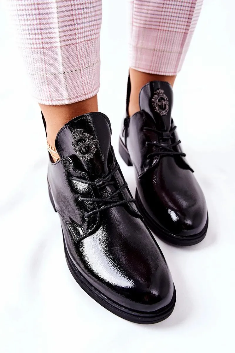 Outlet Buty Sergio Leone Lakierowane Pół Ocieplane PB262 Czarne