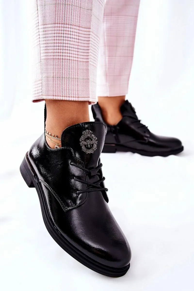 Outlet Buty Sergio Leone Lakierowane Pół Ocieplane PB262 Czarne