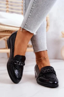 Mokasyny Damskie Lakierowane>Buty damskie Vinceza Lakierowane Półbuty W Wężowy Wzór Czarne Yasmin