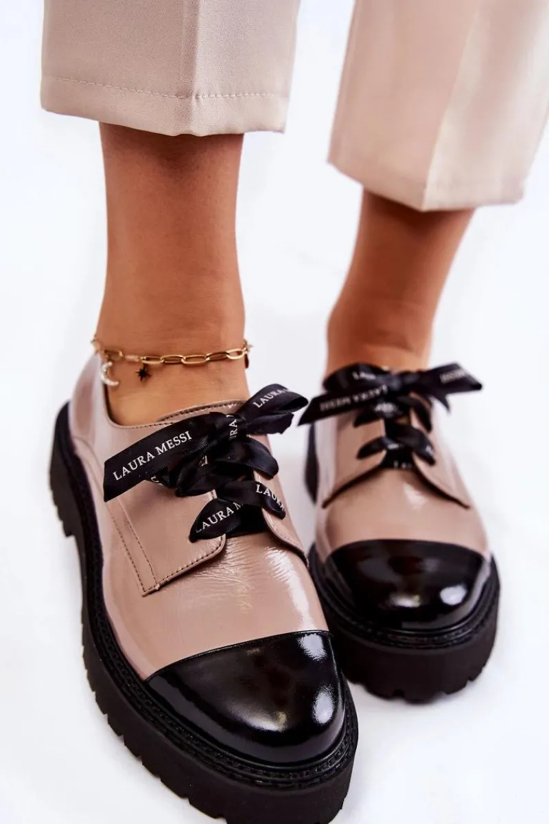 Hot Laura Messi Lakierowane Półbuty Wiązane 2441 Beżowe