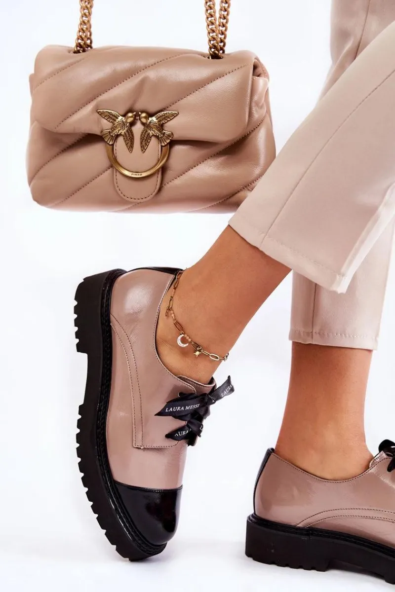 Hot Laura Messi Lakierowane Półbuty Wiązane 2441 Beżowe