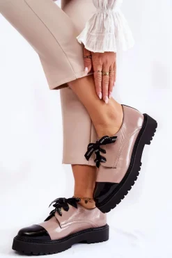 Hot Laura Messi Lakierowane Półbuty Wiązane 2441 Beżowe