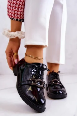 Półbuty Lakierowane>Damskie buty S.Barski Lakierowane Półbuty Wiązane Z Ozdobą Czarne Larosa