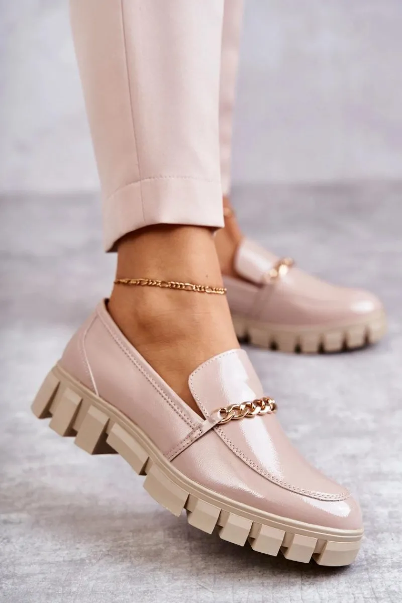 Clearance Lakierowane Półbuty Z Łańcuszkiem Beżowe Anne Damskie Półbuty Lakierowane|Mokasyny Damskie Lakierowane