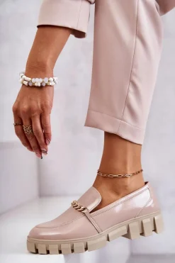 Clearance Lakierowane Półbuty Z Łańcuszkiem Beżowe Anne Damskie Półbuty Lakierowane|Mokasyny Damskie Lakierowane