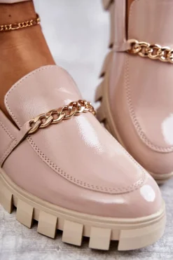 Clearance Lakierowane Półbuty Z Łańcuszkiem Beżowe Anne Damskie Półbuty Lakierowane|Mokasyny Damskie Lakierowane