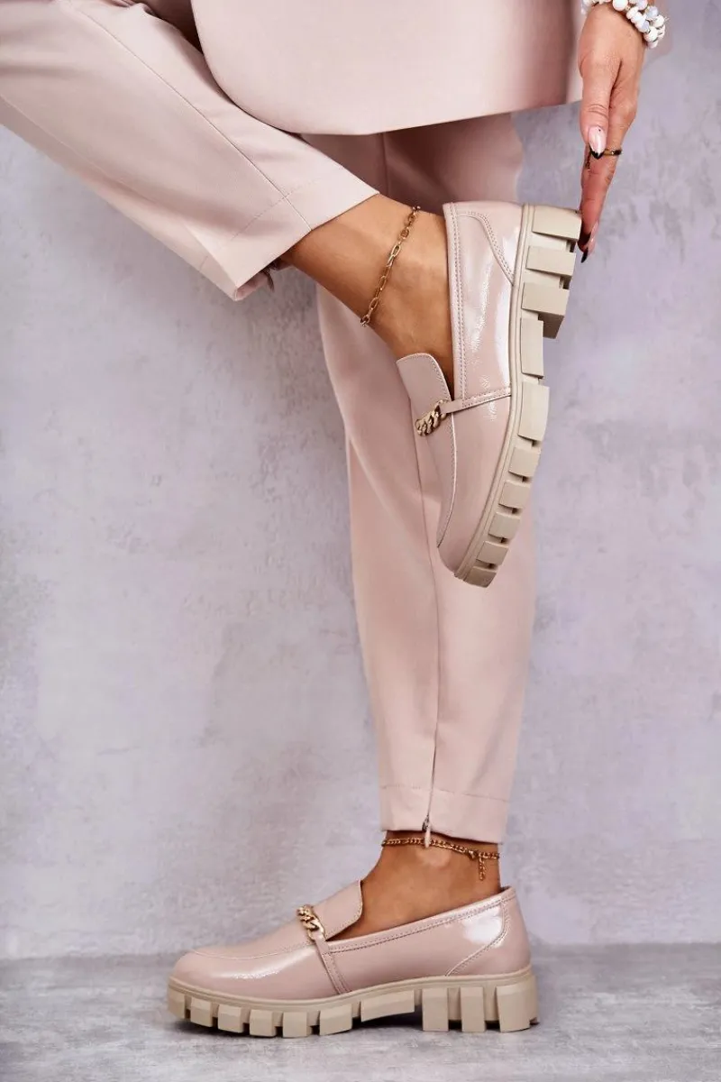 Clearance Lakierowane Półbuty Z Łańcuszkiem Beżowe Anne Damskie Półbuty Lakierowane|Mokasyny Damskie Lakierowane