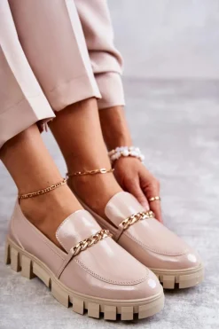 Clearance Lakierowane Półbuty Z Łańcuszkiem Beżowe Anne Damskie Półbuty Lakierowane|Mokasyny Damskie Lakierowane