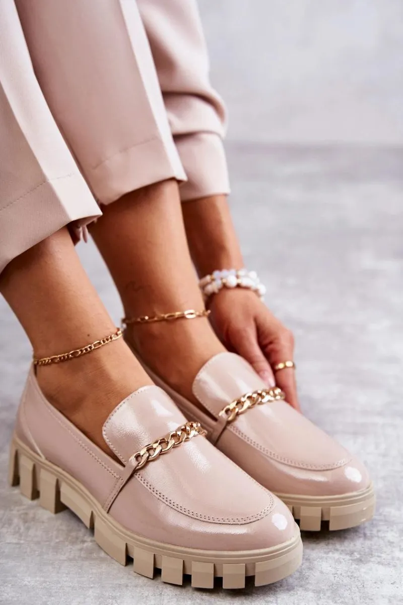 Clearance Lakierowane Półbuty Z Łańcuszkiem Beżowe Anne Damskie Półbuty Lakierowane|Mokasyny Damskie Lakierowane