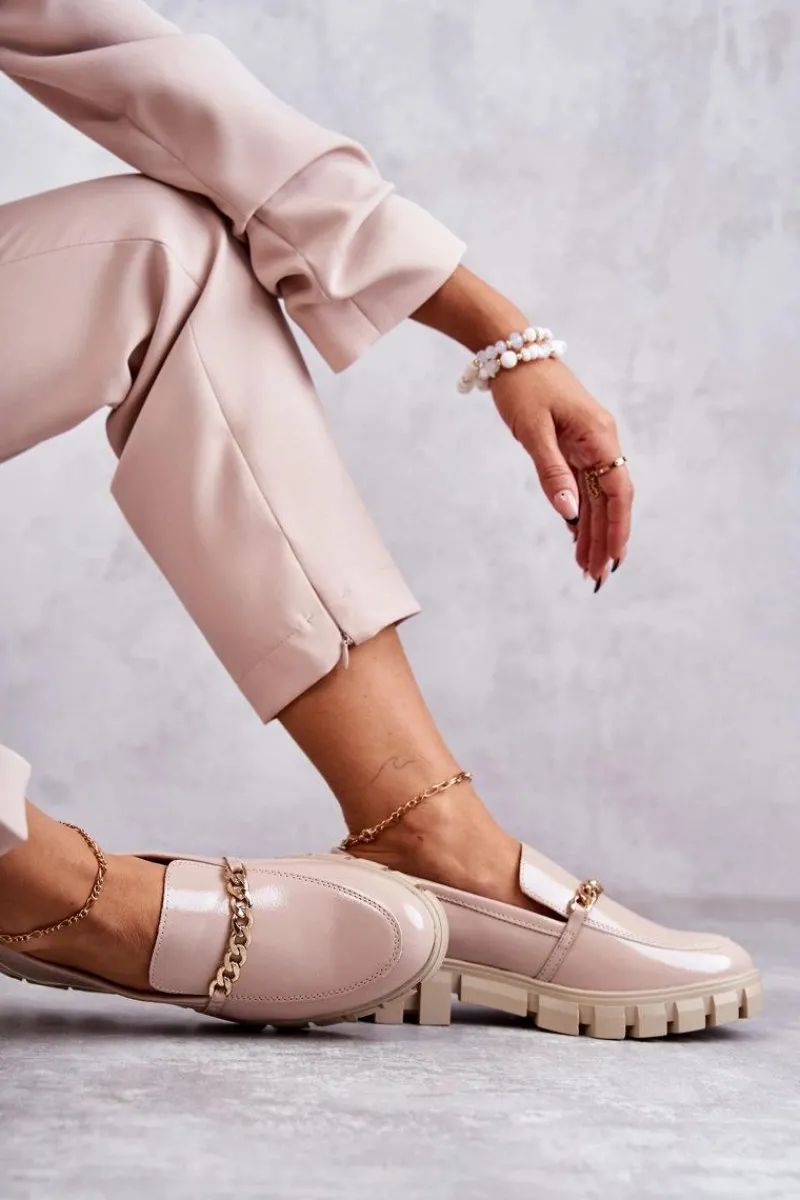 Clearance Lakierowane Półbuty Z Łańcuszkiem Beżowe Anne Damskie Półbuty Lakierowane|Mokasyny Damskie Lakierowane