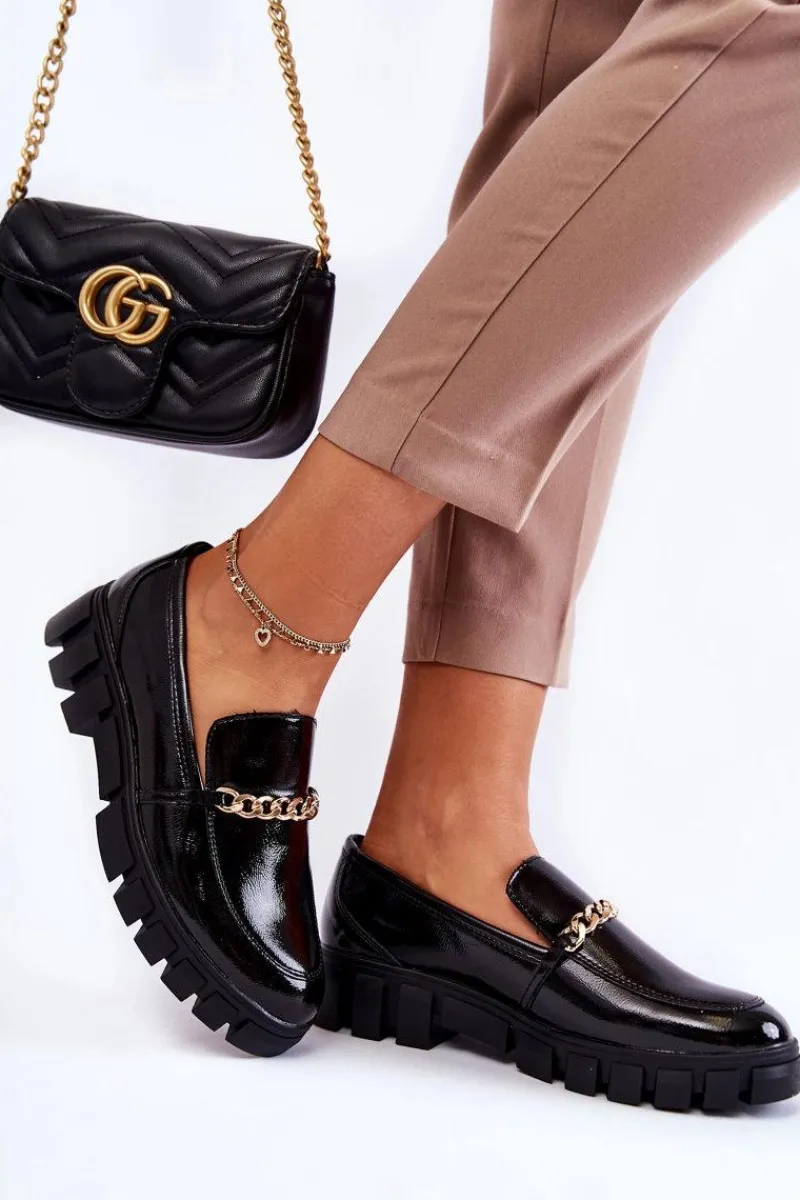 Półbuty Lakierowane|Mokasyny Damskie Lakierowane>Buty Sergio Leone Lakierowane Półbuty Z Łańcuszkiem Czarne Anne Czarny