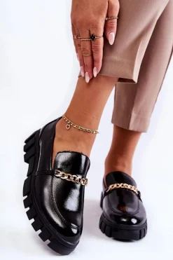 Półbuty Lakierowane|Mokasyny Damskie Lakierowane>Buty Sergio Leone Lakierowane Półbuty Z Łańcuszkiem Czarne Anne Czarny