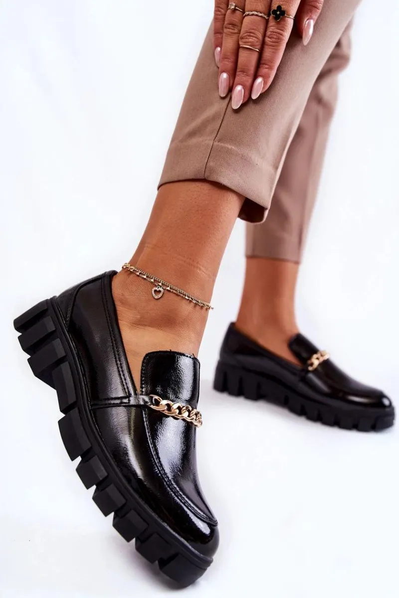 Półbuty Lakierowane|Mokasyny Damskie Lakierowane>Buty Sergio Leone Lakierowane Półbuty Z Łańcuszkiem Czarne Anne Czarny