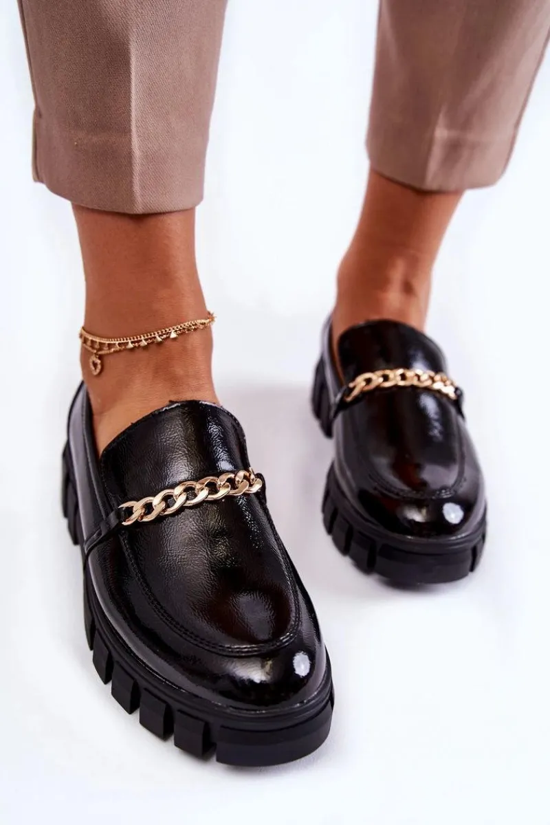 Półbuty Lakierowane|Mokasyny Damskie Lakierowane>Buty Sergio Leone Lakierowane Półbuty Z Łańcuszkiem Czarne Anne Czarny