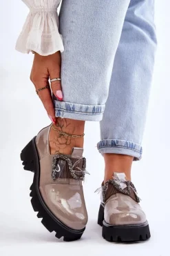 Półbuty Lakierowane>Damskie buty S.Barski Lakierowane Półbuty Z Ozdobami Szare Keily