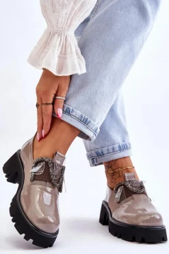 Półbuty Lakierowane>Damskie buty S.Barski Lakierowane Półbuty Z Ozdobami Szare Keily