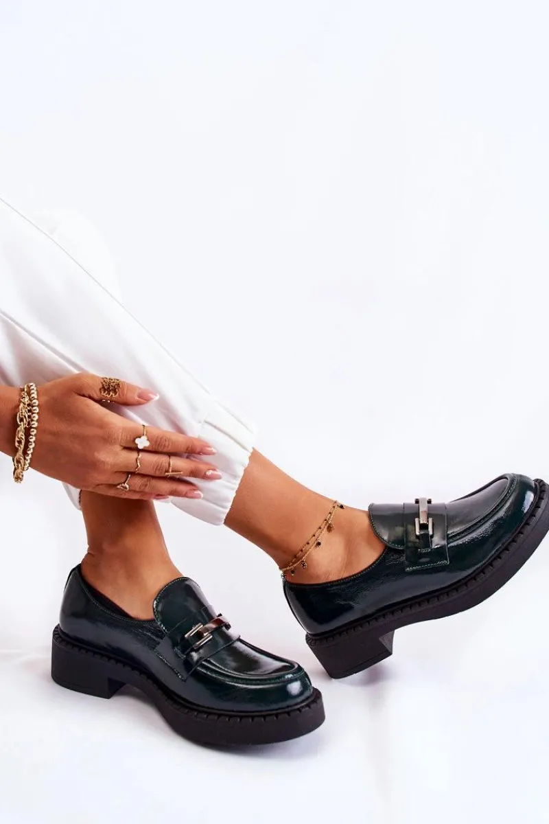 Lakierowane Półbuty Ze Srebrną Ozdobą Zielone Lemar Hestill Damskie Półbuty Lakierowane|Półbuty Skórzane