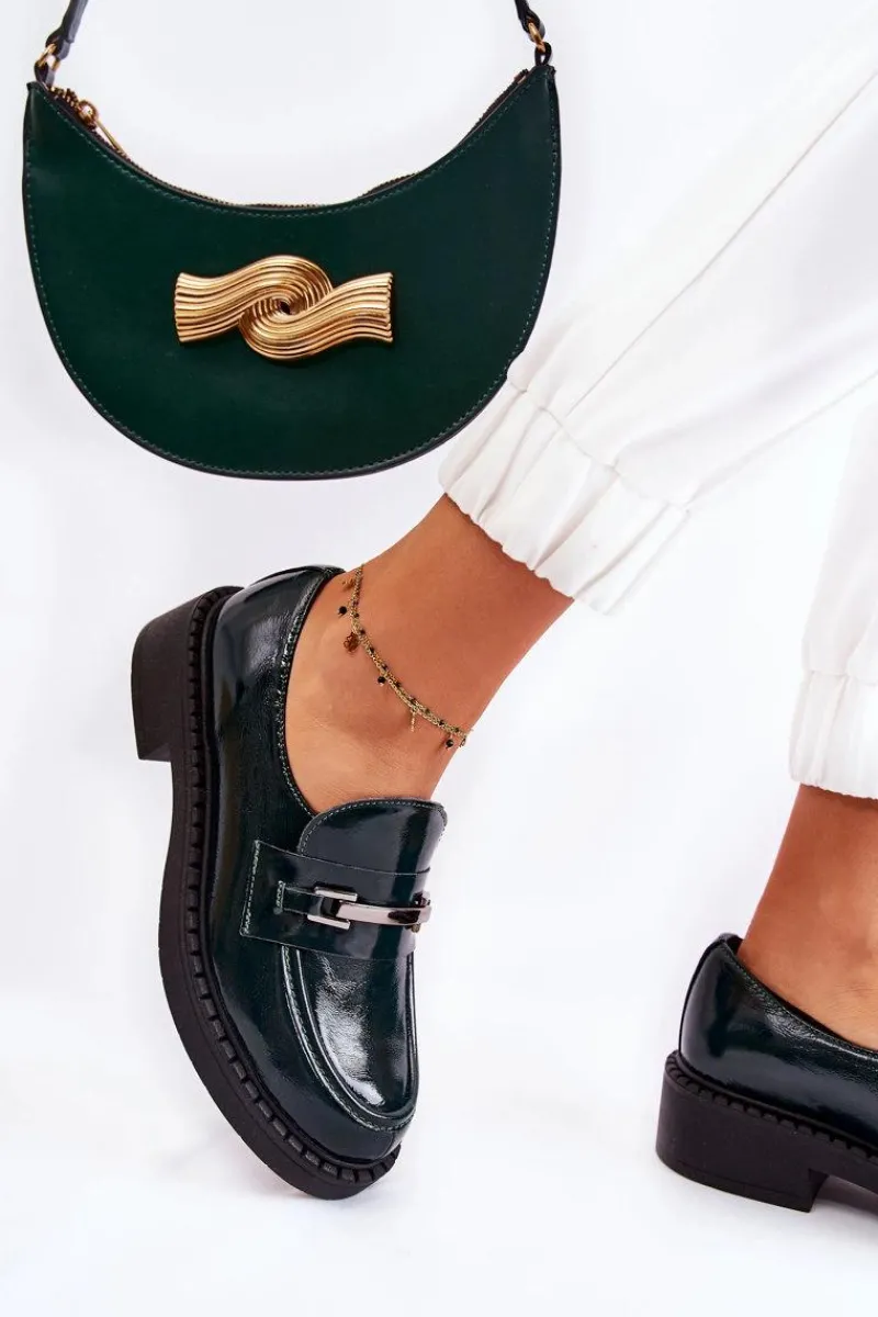 Lakierowane Półbuty Ze Srebrną Ozdobą Zielone Lemar Hestill Damskie Półbuty Lakierowane|Półbuty Skórzane