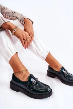 Lakierowane Półbuty Ze Srebrną Ozdobą Zielone Lemar Hestill Damskie Półbuty Lakierowane|Półbuty Skórzane