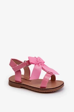 Outlet Boto Lakierowane Sandałki Dziecięce Z Kokardką Na Rzep Różowe Joratia Różowy