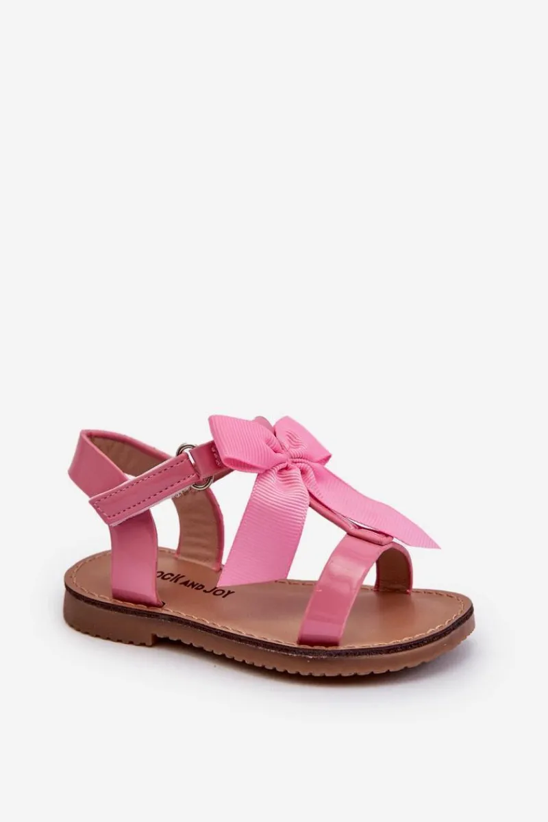 Outlet Boto Lakierowane Sandałki Dziecięce Z Kokardką Na Rzep Różowe Joratia Różowy
