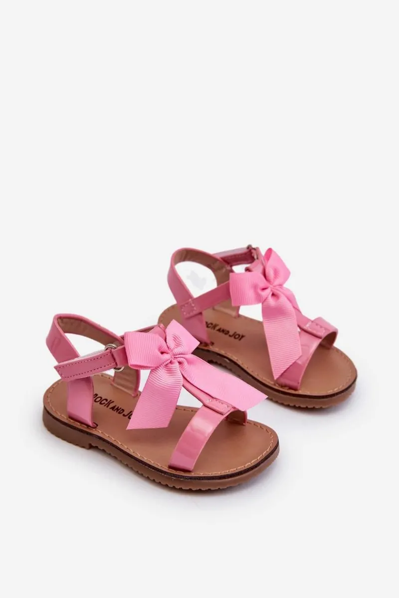 Outlet Boto Lakierowane Sandałki Dziecięce Z Kokardką Na Rzep Różowe Joratia Różowy