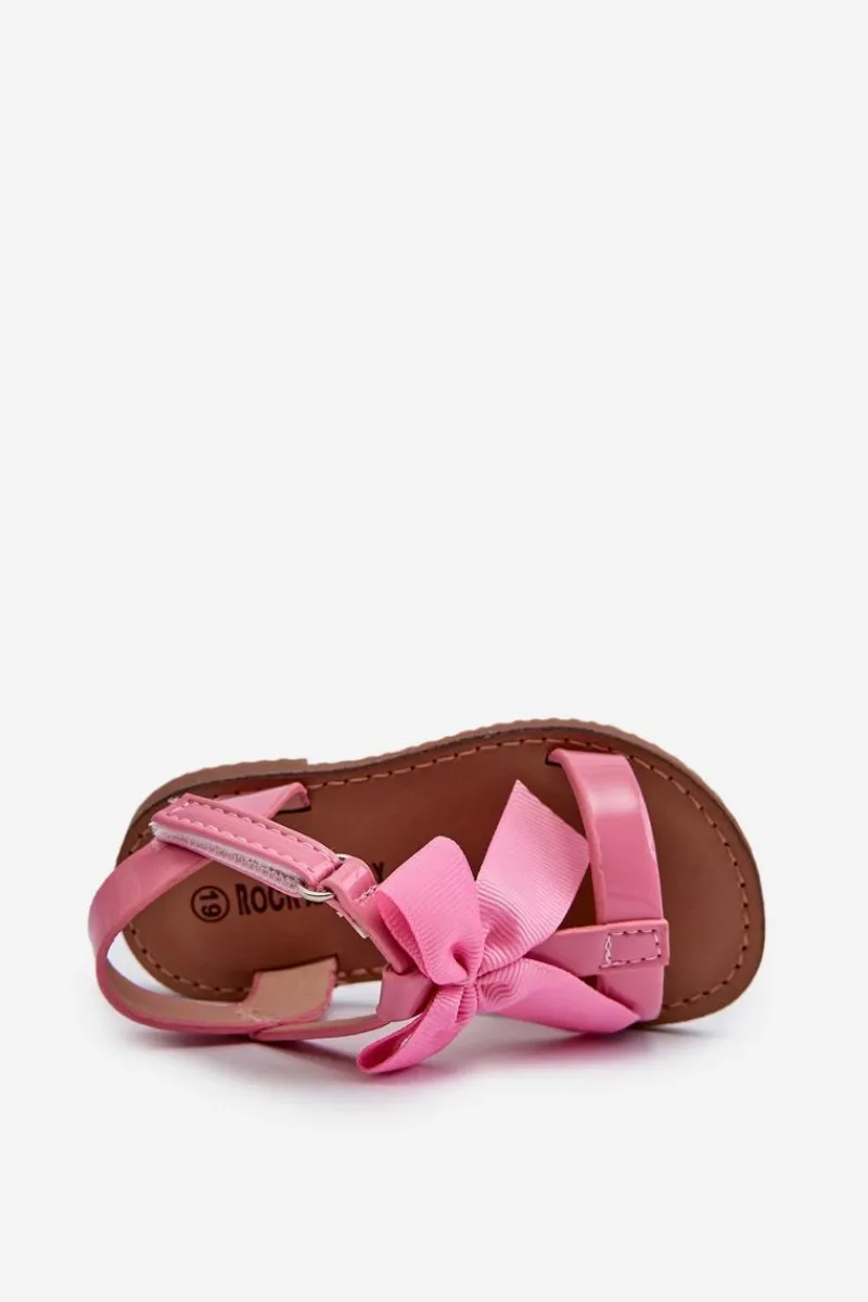 Outlet Boto Lakierowane Sandałki Dziecięce Z Kokardką Na Rzep Różowe Joratia Różowy