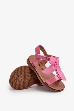 Outlet Boto Lakierowane Sandałki Dziecięce Z Kokardką Na Rzep Różowe Joratia Różowy