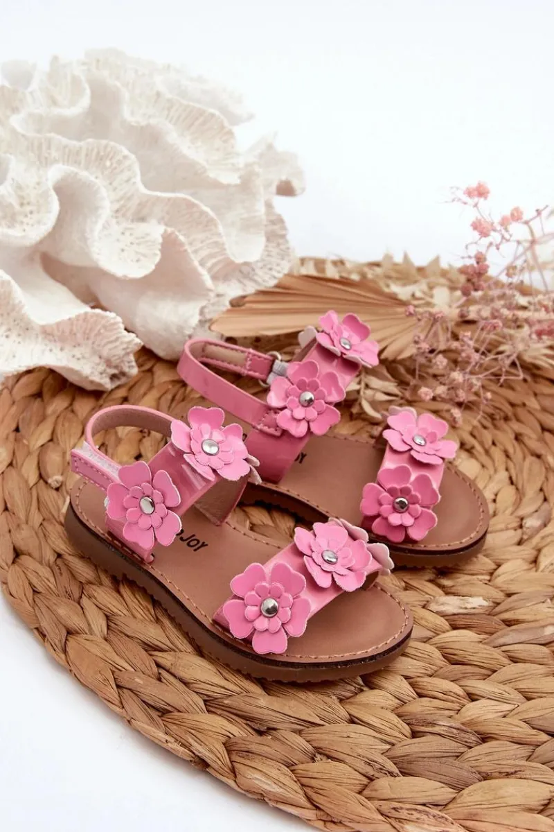 Hot Boto Lakierowane Sandałki Dziecięce Ozdobione Kwiatkami Różowe Tinette Różowy
