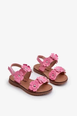Hot Boto Lakierowane Sandałki Dziecięce Ozdobione Kwiatkami Różowe Tinette Różowy