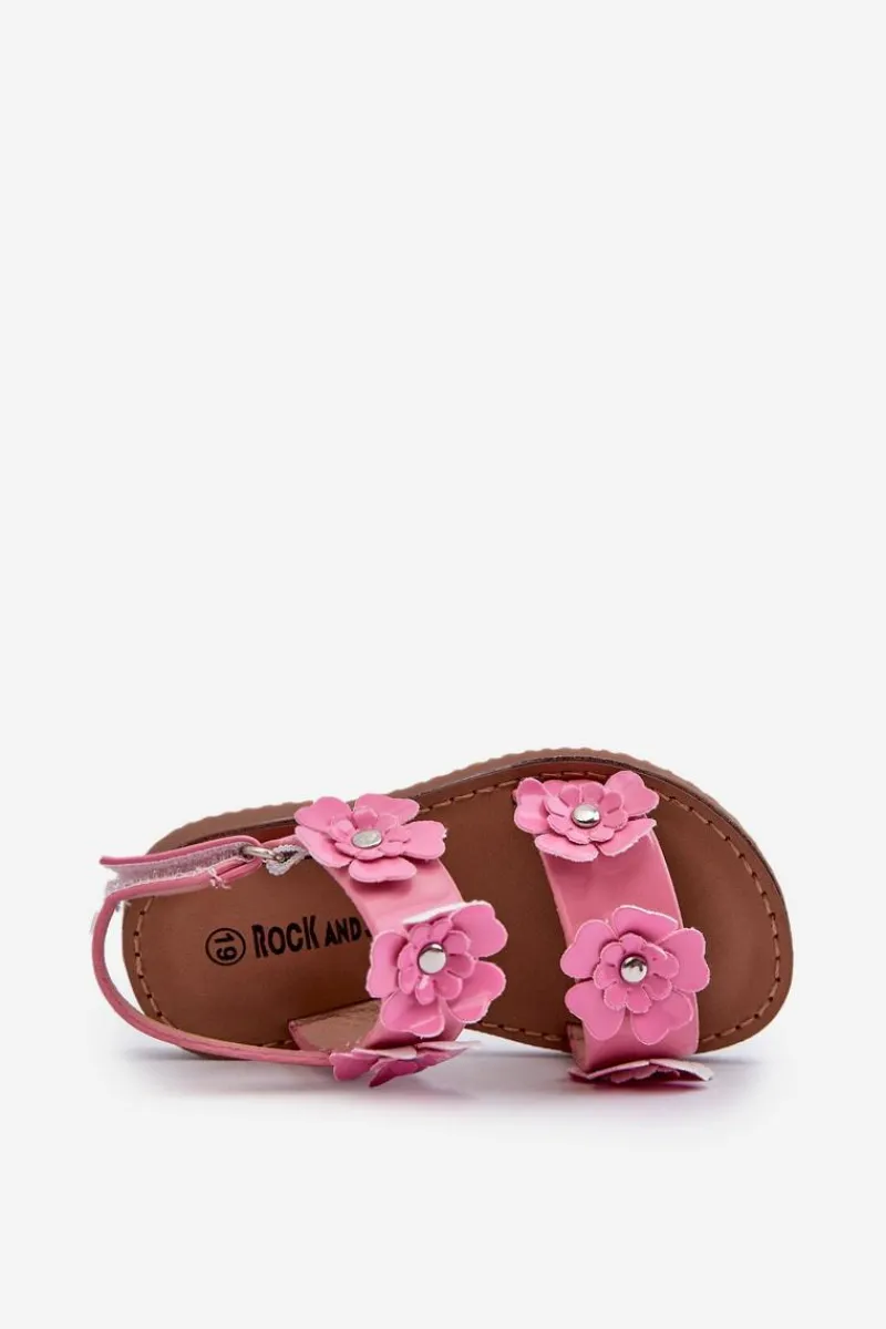 Hot Boto Lakierowane Sandałki Dziecięce Ozdobione Kwiatkami Różowe Tinette Różowy
