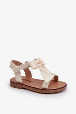 Clearance Lakierowane Sandałki Dziecięce Z Kokardką Na Rzep Jasnobeżowe Joratia Dzieci Dziewczęce