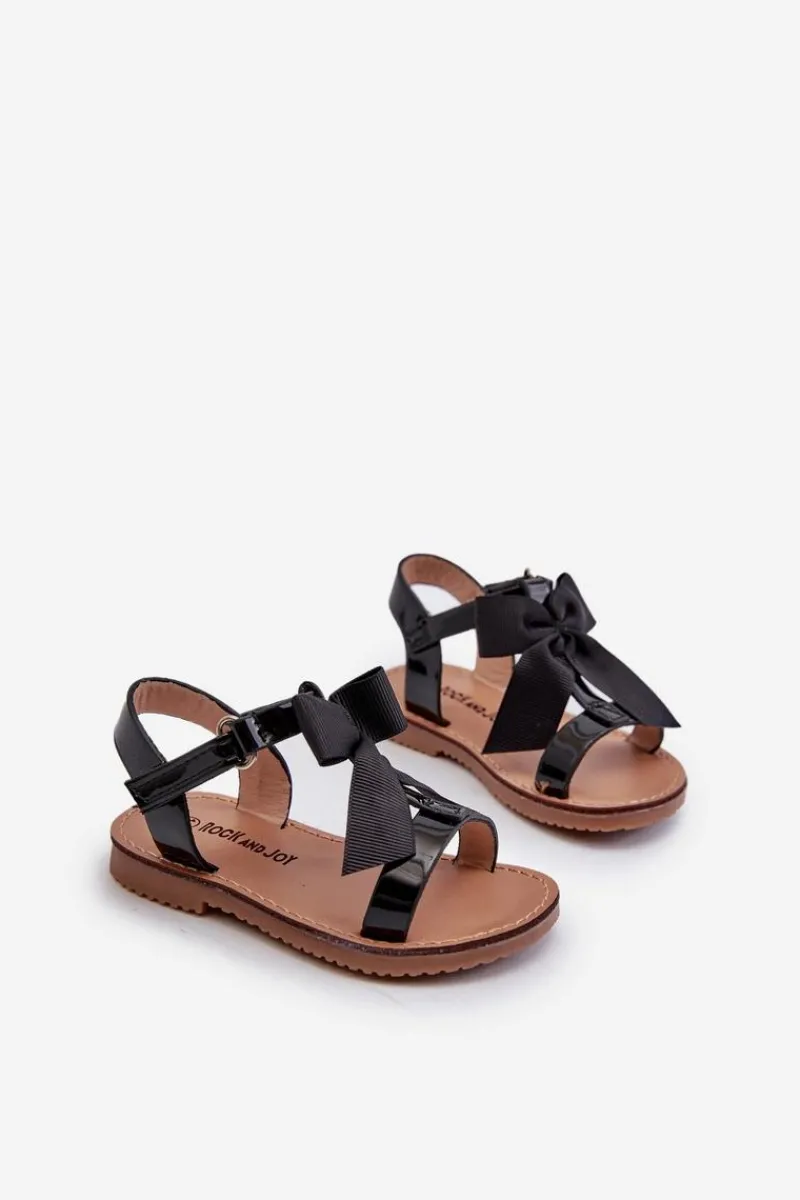 Dziewczęce>Boto Lakierowane Sandałki Dziecięce Z Kokardką Na Rzep Czarne Joratia Czarny
