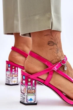 Hot Lakierowane Sandałki Na Ozdobnym Słupku D&A CR-232 Fuksja Damskie Sandały Na Słupku|Sandały Na Obcasie