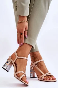 Sandały Na Słupku|Sandały Na Obcasie>Damskie buty S.Barski Lakierowane Sandałki Na Ozdobnym Słupku D&A CR-232 Beżowe Beżowy