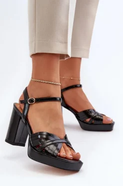 Hot Lakierowane Sandały Damskie Na Słupku Czarne D&A MR38-668 Damskie Sandały Na Słupku|Sandały Na Obcasie